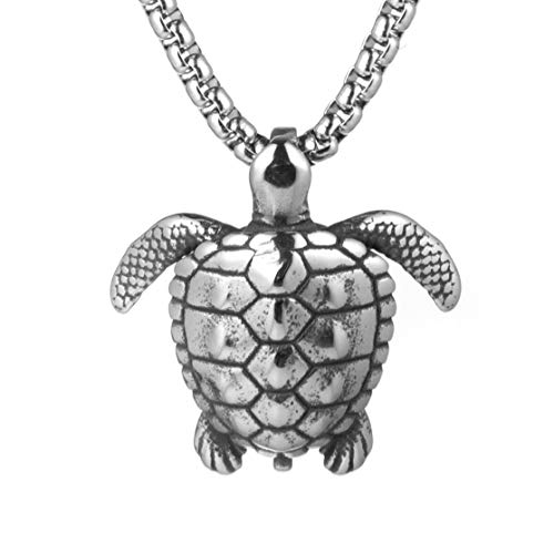 HZMAN Health Longevity Sea Turtle Stainless Steel Marine Life Pendant Men's Women's Beach Style Necklace 22 + 2 Inch Chain