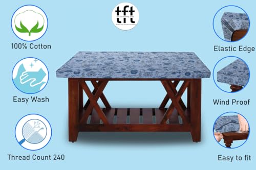 Image of The Furnishing Tree Elastic Cotton Rectangular Center Table Cover 24x60 in Inches Floral Navy Blue