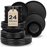 Twinzee Vajillas Completas 6 Personas, 24 Piezas - Aptos para Microondas - Vajilla Negra Mate - Set de Platos Elegante y Funcional - Colección Ebony