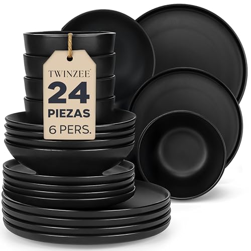 Twinzee Vajillas Completas 6 Personas, 24 Piezas - Aptos para Microondas - Vajilla Negra Mate - Set de Platos Elegante y Funcional - Colección Ebony