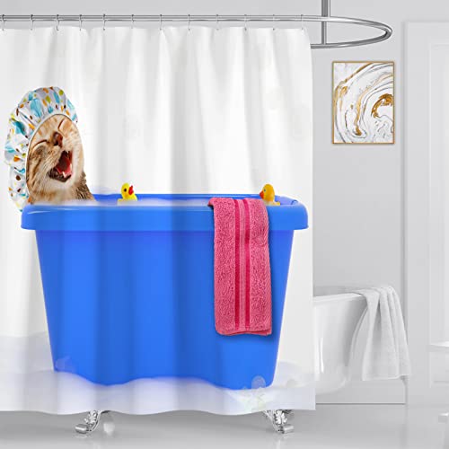 OCEUMACO 3D Cortina de Ducha Antimoho Gatos Divertida Cortinas de Baño Larga Lavable a Máquina 180x200 Tela Poliester Impermeable Opaca Animales Gracios para Niños con Anillas - Blanca Azul Cover