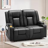 U-MAX Reclining Loveseat with Cup Holders&Side Pockets, Modern Manual RV Couch Sofa Faux Leather Double Recliner Home Theater Seating（Black）