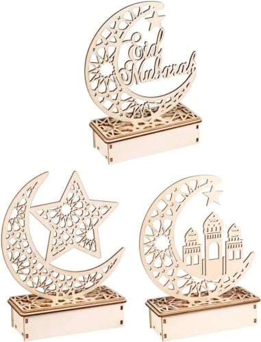 Aiyang 3Pcs Ramadan Mubarak Eid Decorations Wooden Moon Star Night Lights Led Diy Mubarak Lights Tabletop Ornaments For Eid Al-Fitr cover