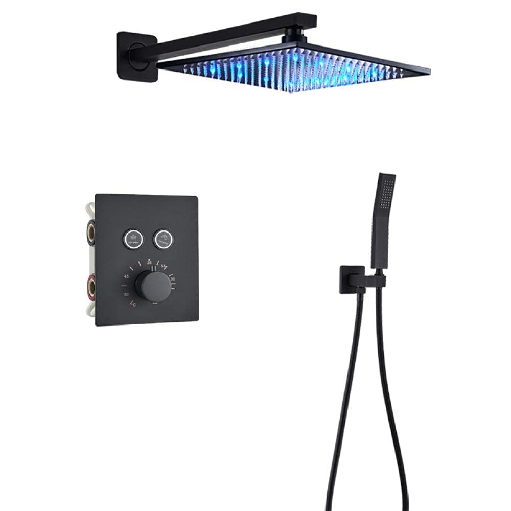 Yniyujkl Black Thermostatic Bathroom Shower Faucet Rainfall Shower Head Wall Mounted Bathtub Mixer Tap Bath Shower Set Wall-B3-Way-16-Inch Wall,2-Way-16-Inch Wall