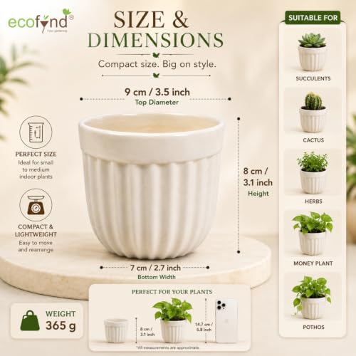 Image of ecofynd 3.5 Inch Ceramic Plant Pots with Drainage Hole, Modern Decorative Clay Flower Pots for Indoor Plants, Decorative Tabletop Planters for Home, Office, Living Room, Bedroom & Shelf (CPOT046-WHT)