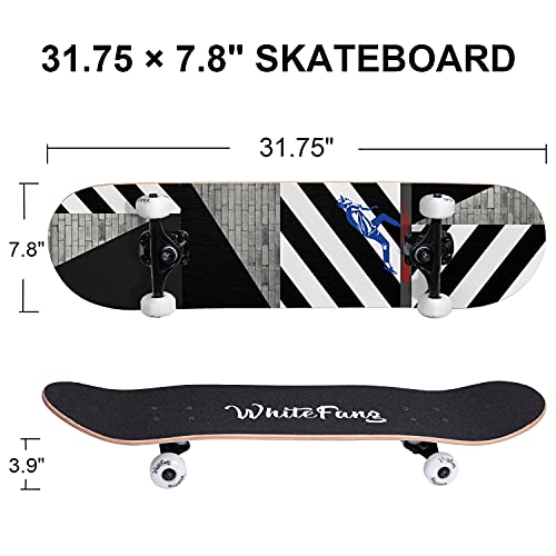 Image of WhiteFang Skateboards for Beginners, Complete Skateboard 31 x 7.88, 7 Layer Canadian Maple Double Kick Concave Standard and Tricks Skateboards for Kids and Beginners