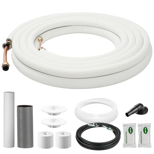 Della 16 Ft Mini Split Line Set, Includes 1/4" & 5/8" O.D. Copper Pipes with Flared Nuts and a 3/8" Thick White PE Insulated Coil, Perfect for Mini Sp