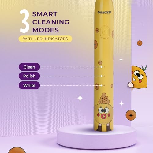 Image of beatXP Jiggle Sonic Electric Toothbrush For Kids With 2 Brush Heads & 3 Cleaning Modes|Rechargeable Electric Toothbrush|20500 Strokes /Min With Long Battery Life (Yolky Yellow), 1 count