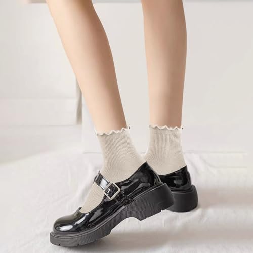 Image of MORECOO 6 Pairs Socks for Women, Cute Ruffle Frilly Ankle Socks, Cotton Lace Crew Socks for Mary Jane Shoes, 6 Pack