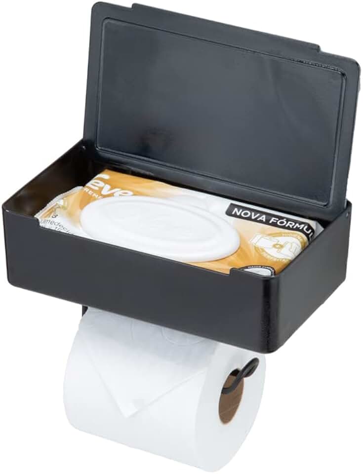 Porta Lenços e Papel Higiênico Arthi | Design Moderno Funcional | Versatilidade Praticidade | Gancho Integrado | Fita 3M Instalação | Organização de Banheiro | Suporte para Celular | Acabamento Preto