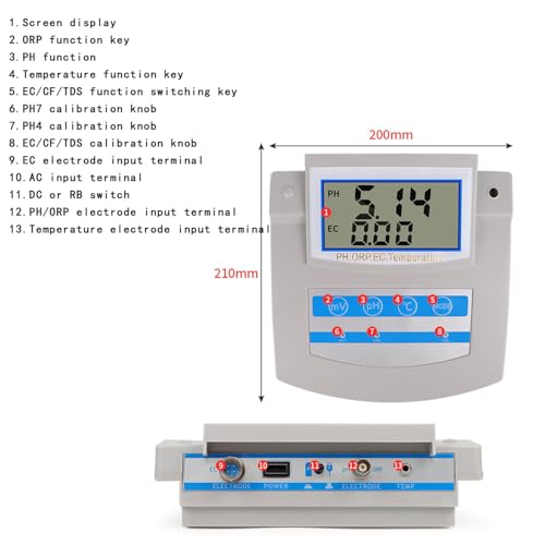 Misuratore di pH digitale 6 in 1 per laboratori e acquari, design da banco con compensazione della temperatura e risparmio di dati, ideale per pesca e aziende agricole