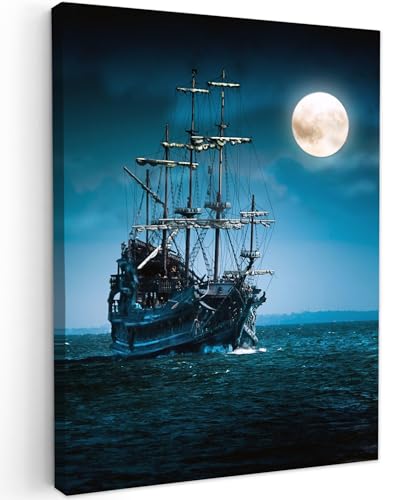 MuchoWow© Impression sur Toile Peinture 30x40 cm Tableau Mural Decoration Salon Reproductions de Tableaux Murale Moderne Pirates - Bateau - Mer - Nuit - Lune