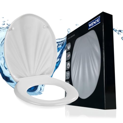 WENKO Toilettendeckel mit Absenkautomatik in Muschel-Optik, belastbar bis 150 kg, ovaler WC Sitz, abnehmbar, Klodeckel aus stabilem, antibakteriellem Duroplast, einfache Montage, Mod. Muschel, weiß