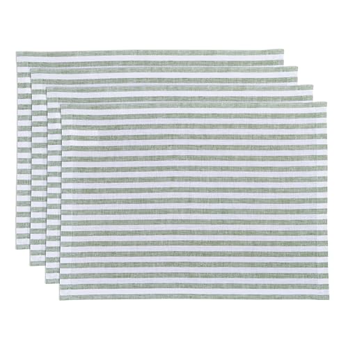 Image of Solino Home 100% Pure Linen Placemats, 14 x 19 in, Green Striped, Set of 4