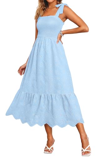 Image of Pinup Fashion Plus Size Summer Sun Smocked Eyelet Tie Straps Midi Dress | Adjustable tie straps, square neck, high waist, flowy tiered A-line, perfect for casual beach, holiday vacation, photoshoot