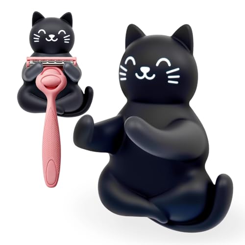 Mhfpl Cute Black Cat Silicone Razor Holder for Shower Adhesive Sticky Heavy Duty Waterproof Wall Hooks Black Cat Razor Hooks for Bathroom Inside Shower Wall Hanging Loofah Towel