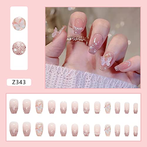Nude Press On Nails Square Medium Length Artificial Acrylic Fake Nails With Relief Butterfly Pearl Designs Full Cover Reusable Coffin False Nails Set Women Glue On Nails Stick On Nails For Nail Art #TOP3
