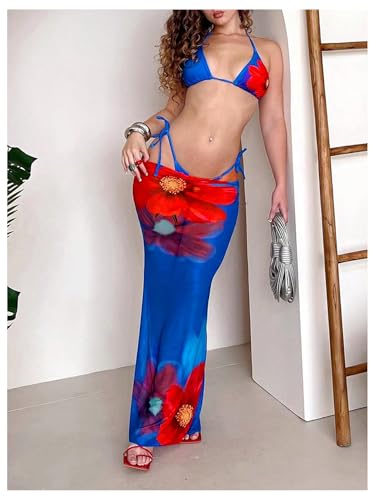 SOLY HUX Women's 3 Piece Swimsuit Floral Print Tie Side Halter Bikini Sets with Cover Up Skirt4