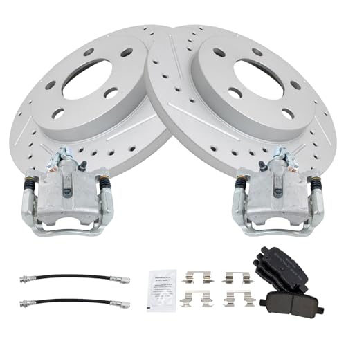 Image of TRQ Performance Rear Brake Pad and Rotor Set Semi Metallic Slotted Drilled G Coated Rotors Calipers Compatible with 2005-2008 Pontiac Grand Prix