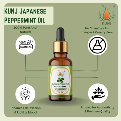 Image of KUNJ Japanese Peppermint Essential Oil 30ml - 100% Pure & Natural Undiluted Steam Distilled Oil for Hair Care, Scalp Massage, Aromatherapy, Diffuser, Skin Care & DIY Blends