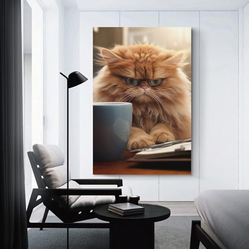 Angry Cat Drinking Coffee Tableau Sur Toile 50x75cm Décoration Murale Salon