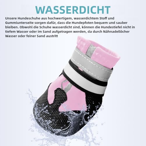 Muecleao Hundeschuhe Pfotenschutz, 4 Stück Wasserdicht Anti-Rutsch Hundestiefel mit Rutschfester Sohle und reflektierendem Klettverschluss, Hunde Schuhe für kleine, Mittlere und Große Hunde (Rosa, S)