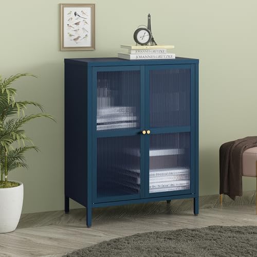 [en.casa] Aparador Säkylä Mueble de Salón con Compartimentos Mueble Auxiliar para Comedor Cocina con 2 Puertas de Vidrio Acanalado y Acero 84 x 64 x 35 cm - Azul Marino