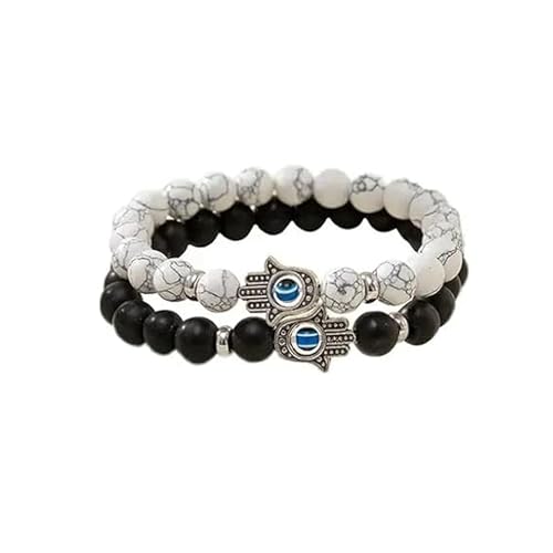 Image of Fashion Frill Couple Bracelets Black & White Onyx Evil Eye Stretchable Wrist Band Bracelet For Women Men Boys Girls Love Gifts Friendship Promise Bracelets