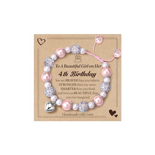 CASSIECA Birthday Gifts for 4 Year Old Girls, Pink Pearl & CZ Ball Bracelets Adjustable with Heart Charms for Four Year Old Girl Gifts, Girls Gift Age 4 for Daughter Niece (Gift Box Given)