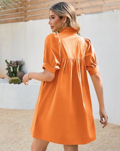 Image of YEXPINE Women's Ruffle Collar High Neck Mini Dress Puff Short Sleeve Cotton Babydoll Peplum Dresses with Pockets