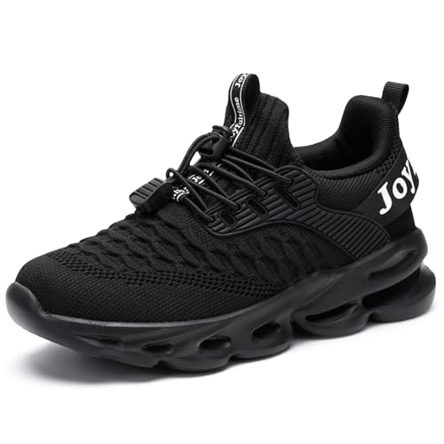 HSQ Boys Girls Tennis Shoes Kids Breathable Lightweight Sneakers Lace-Stud Athletic Running Shoes for Toddler Little Kid Big Kid Black Size 4