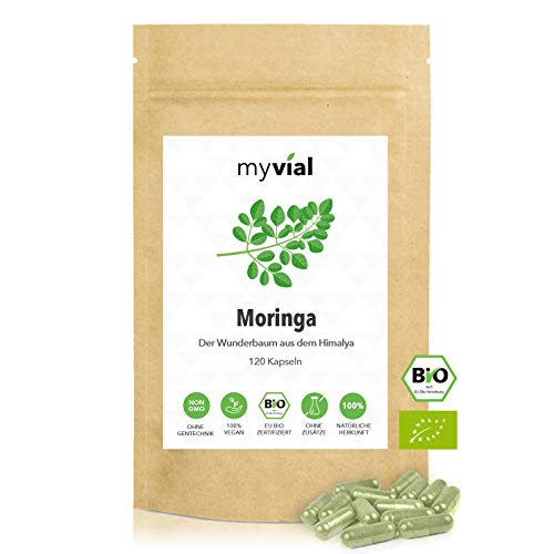 myvial® Bio Moringa Kapseln hochdosiert 120 Stück vegan ohne Zusätze plastikfrei verpackt - 400mg feines Blattpulver aus Moringa Oleifera Pflanze Cover