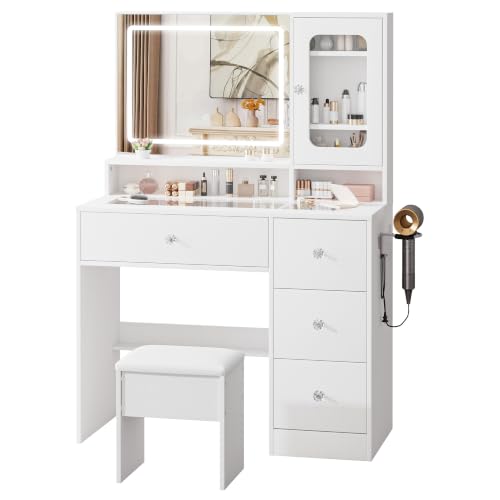 Image of LIVELYGLOW 35.4 inch White Makeup Vanity Desk with Glass Top & Acrylic Cabinet