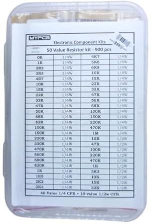 MYPCB 900 pcs 50 Value Resistor Kit box - 1/4w and 1/2w 5% Tolerance CFR Resistors in Sturdy Box