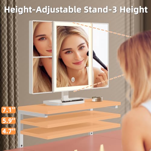 Image of HIGDBFE Small Makeup Vanity Desk 27.5''W with Mirror and Lights, 3 Drawers | USB Lighted Mirror, Height-Adjustable Stand, Fabric Drawers, Girls /Kids Gifts, Bedroom, Small Space, Dorm, Pink