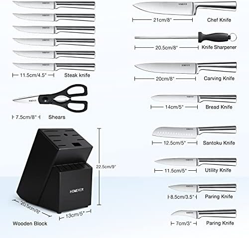 Knife Set, Homever 16 Pieces Kitchen Knife Sets with Block, Knife Block Set with Knives Wooden, German Stainless Steel Kitchen Knives Set with Chef Knife, Bread Knife, Knife Sharpener, etc.