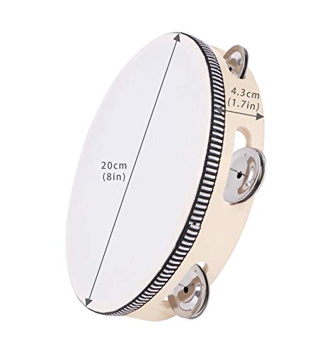 8 inch Tambourine for Adults, Wood Handheld Tambourine Single Row 6 Pairs Jingles