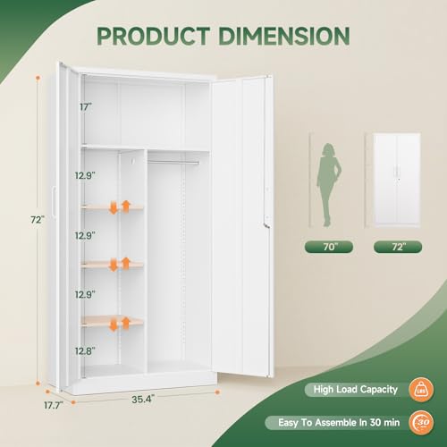 Image of Letaya Metal Locker,Steel Wardrobe Storage Cabinets with Lock Door,Clothing Coat Storage Freestanding for Office, Home, School, Employee,Gym,Fire Department (White)