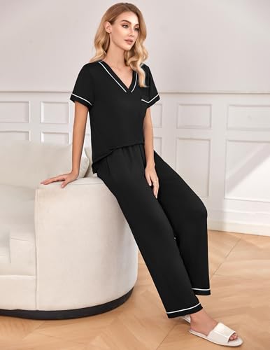 Ekouaer Women's Pajama Sets Short Sleeve V Neck Sleepwear Nightwear Soft Pjs Lounge Sets with Pocket4