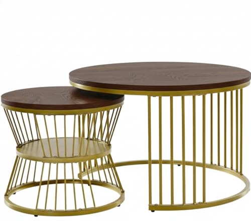 Image of Roldo Modern Nesting Coffee Table Set of 2 for Living Room, Round Coffee & Side Table with Metal Frame and Marble Finish MDF Top, Center Table for Sofa, Home Decor Office & Apartment (Gold Walnut)