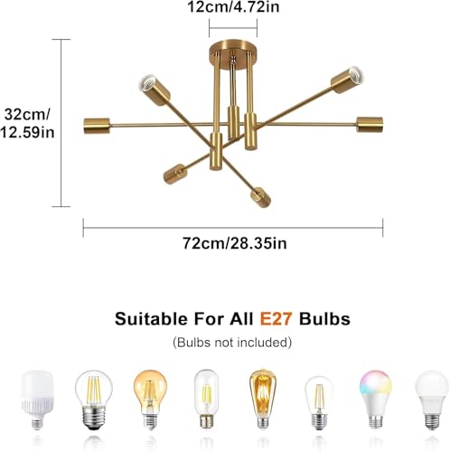 Comely Vintage Żyrandol Sputnik, 6-Światłowny Przemysłowy Sufit Z Bazą E27, Złote Metalowe Lampy Sufitowe Do Sypialni, Salonu, Kuchni, Kształt DIY, Średnica 72cm (Żarówka Nie Dołączona)