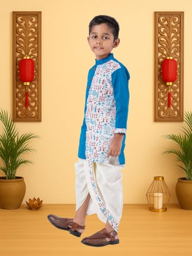 Image of Kids Ethnic Wear - Stylish Half Printed & Vibrant Color Pure Cotton Kurta with Elastic Waist Dhoti Set for Boys