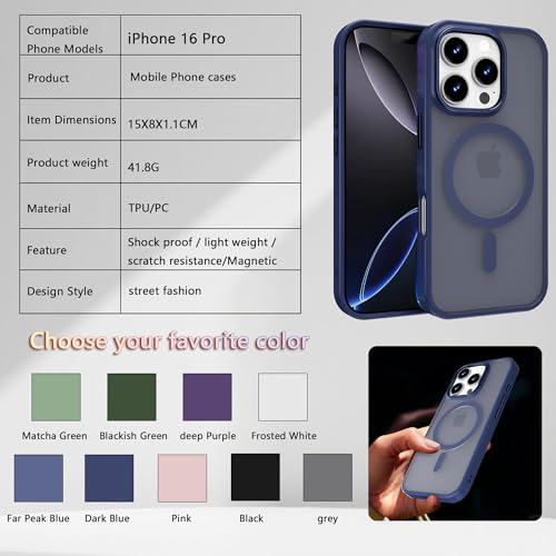 Image of Magnetic iPhone 16 Pro case,Compatible with Magsafe, Military-Grade Protection,Slim Translucent Matte Shockproof with Anti-Scratch Anti-Fingerprint Phone Cover (Dark Blue, iPhone 16 Pro)