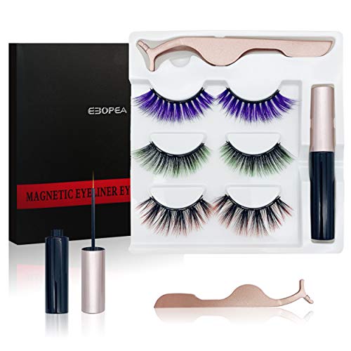 Magnetic Eyelashes and Eyeliner Kit EBOPEA Magnetic Eyeliner & Lash Kit - 3P airs Colorful False Lashes with 1 Eyeliner and Tweezer- for Party Cosplay Dating Wedding Halloween