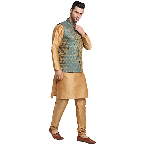 Image of KRAFT INDIA Mens Gold Silk Blend Kurta and Churidar Set With Jacquard Paisley Nehru Jacket