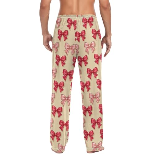 Men's Red Pink Bow Pajama Pants with Elastic Waistband | Soft Lounge Sleepwear | Breathable Sleep Pants for Home（502）2