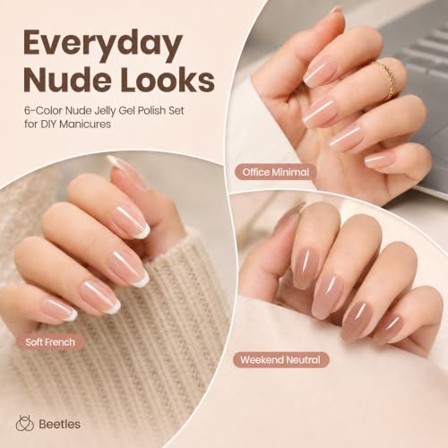 Image of Beetles Nude Gel Nail Polish Set - 6 Colors Neutral Nude Jelly Gel Nail Polish Kit Sheer Transparent Effect Soak Off UV DIY Dusky Mocha French Nail Art Manicure Gifts for Women