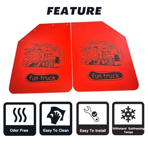 Image of Heavy Duty Angled Mud Flaps 24 inch x 30 inch Compatible with Semi Truck Trailer with Fun Truck Pattern Red, 2 Pack