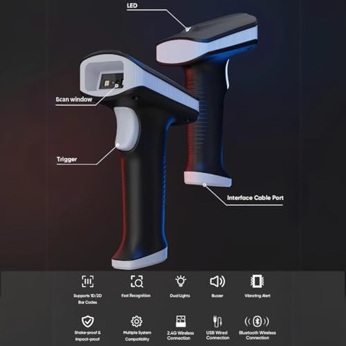 Image of 2D Wireless Barcode Scanner,Bluetooth6.0 & Wireless2.4G & USB Wired Connection, 1D QR Bar Code Reader Scanner Automatic Fast Precise scanning for Smart Phone, Tablet, PC