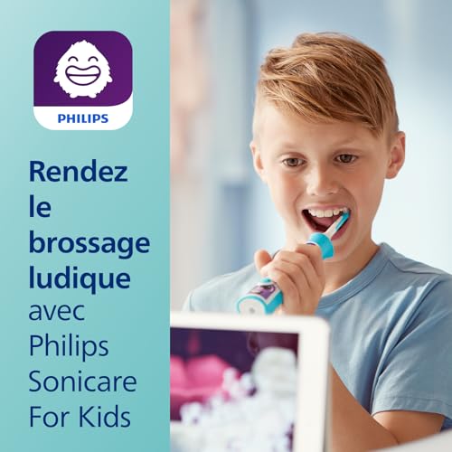 Philips Sonicare for Kids, brosse à dents électrique sonique avec application, pour enfant à partir de 3 ans, avec SmarTimer et QuadPacer pour un nettoyage en profondeur, turquoise, modèle HX6322/04